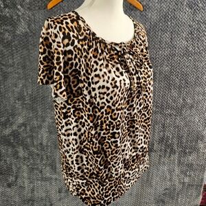 Womens Leopard Print Short Sleeve Blouse Keyhole Tie Banded Hem Large Mob Wife